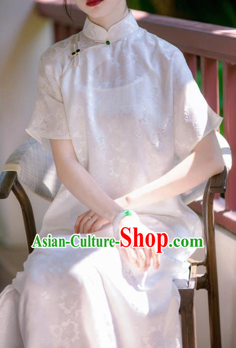 Traditional Chinese White Silk Qipao Dress National Tang Suit Cheongsam Costume for Women
