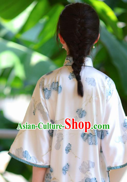 Traditional Chinese Printing White Qipao Dress National Tang Suit Cheongsam Costume for Women