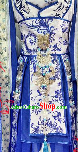 Chinese Traditional Cosplay Goddess Royalblue Costume Ancient Royal Princess Hanfu Dress for Women