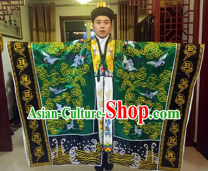 Chinese Traditional Taoism Costume Ancient Taoist Priest Cassocks Embroidered Crane Deep Green Vestment