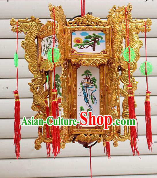 Chinese Traditional Handmade Carving Golden Dragons Palace Lantern Asian New Year Lantern Ancient Ceiling Lamp