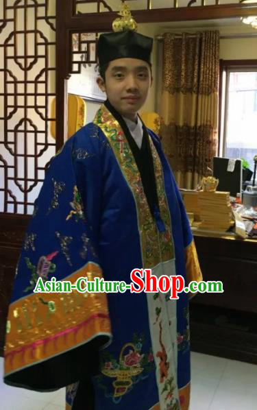 Chinese Ancient Taoist Priest Embroidered Cloud Cranes Royalblue Cassocks Traditional Taoism Vestment Costume