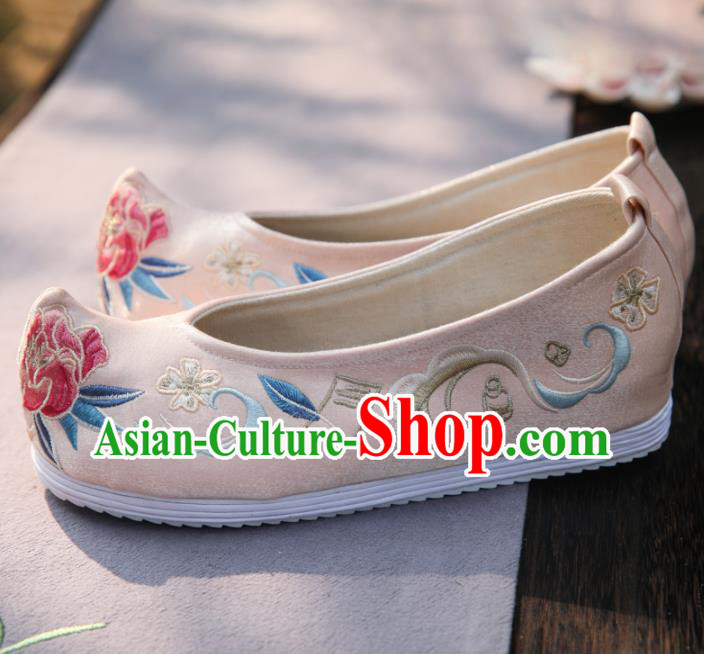 Traditional Chinese National Embroidered Peony Pink Shoes Ancient Princess Cloth Shoes Handmade Hanfu Shoes for Women
