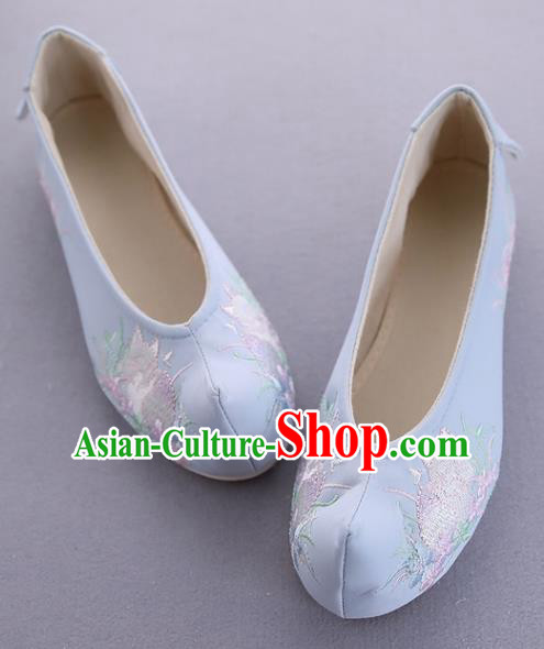 Traditional Chinese National Embroidered Orchid Blue Shoes Ancient Princess Cloth Shoes Handmade Hanfu Shoes for Women