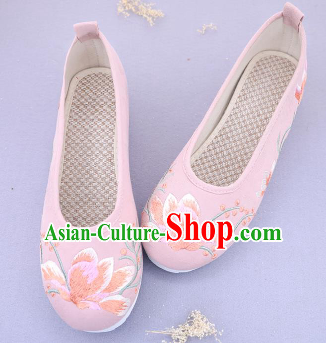 Traditional Chinese Ancient Princess Embroidered Magnolia Pink Shoes Cloth Shoes Handmade Hanfu Shoes for Women