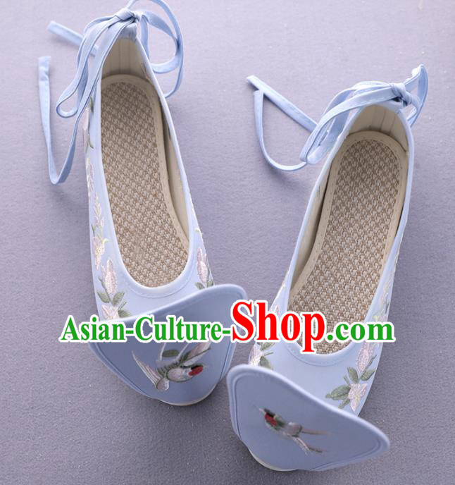 Traditional Chinese Ancient Princess Embroidered Blue Shoes Cloth Shoes Handmade Hanfu Shoes for Women