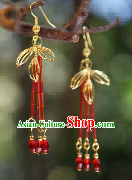 Traditional Chinese Handmade Court Red Tassel Ear Accessories Ancient Princess Earrings for Women