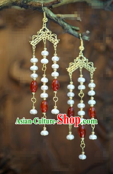 Traditional Chinese Handmade Court Agate Pearls Tassel Ear Accessories Ancient Princess Earrings for Women