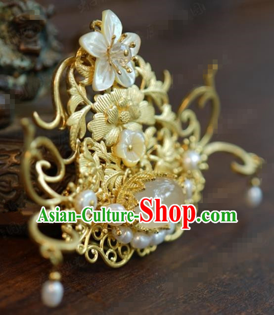 Traditional Chinese Ancient Queen Golden Hair Crown Handmade Hanfu Court Hairpins Hair Accessories for Women