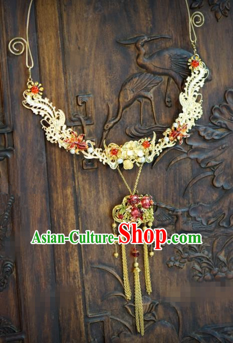 Traditional Chinese Handmade Court Golden Phoenix Necklace Jewelry Accessories Ancient Princess Tassel Necklet for Women