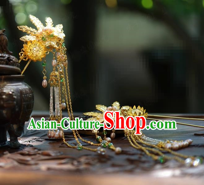 Traditional Chinese Handmade Court Golden Phoenix Tassel Hairpins Hair Accessories Ancient Hanfu Hair Clip for Women