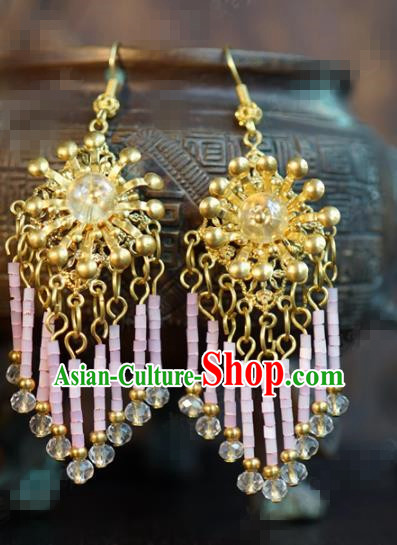 Traditional Chinese Handmade Court Ear Accessories Ancient Princess Pink Beads Tassel Earrings for Women