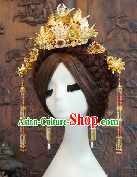Traditional Chinese Wedding Hair Accessories Luxury Pearls Phoenix Coronet Ancient Bride Hairpins Complete Set for Women