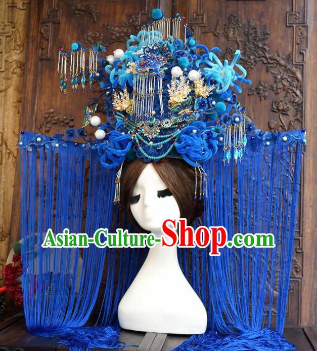Traditional Chinese Wedding Luxury Phoenix Coronet Hair Accessories Ancient Bride Blue Hairpins Complete Set for Women