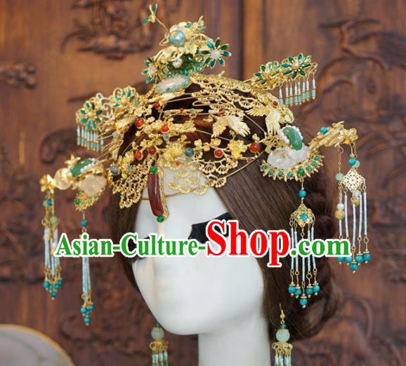 Traditional Chinese Wedding Luxury Agate Phoenix Coronet Hair Accessories Ancient Bride Hairpins Complete Set for Women