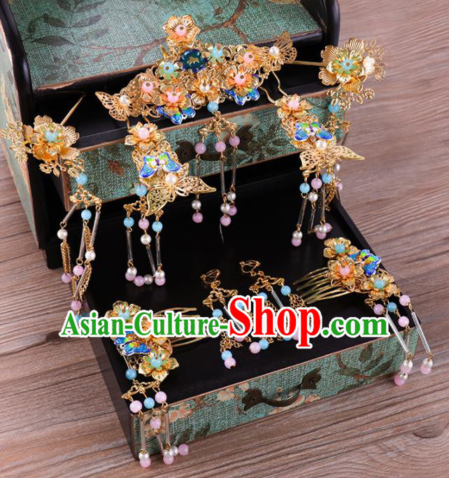 Traditional Chinese Wedding Blueing Hair Comb Luxury Hair Accessories Ancient Bride Hairpins Complete Set for Women