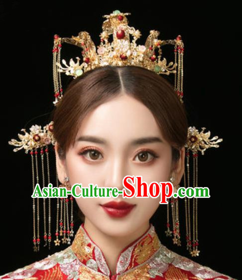 Traditional Chinese Wedding Hair Crown Hair Accessories Ancient Bride Tassel Hairpins Complete Set