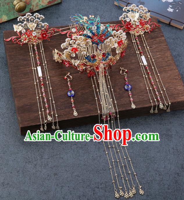 Traditional Chinese Wedding Handmade Phoenix Pine Hair Comb Ancient Bride Hairpins Hair Accessories Complete Set