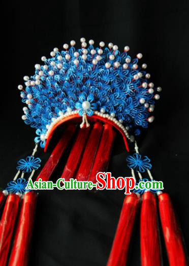 Traditional Chinese Handmade Beijing Opera Blue Phoenix Coronet Ancient Princess Hairpins Hair Accessories for Women