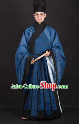 Traditional Chinese Ming Dynasty Scholar Replica Costumes Ancient Taoist Priest Blue Hanfu Clothing for Men