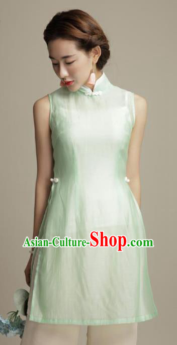 Chinese Traditional Tang Suit Green Silk Blouse Classical National Shirt Upper Outer Garment for Women