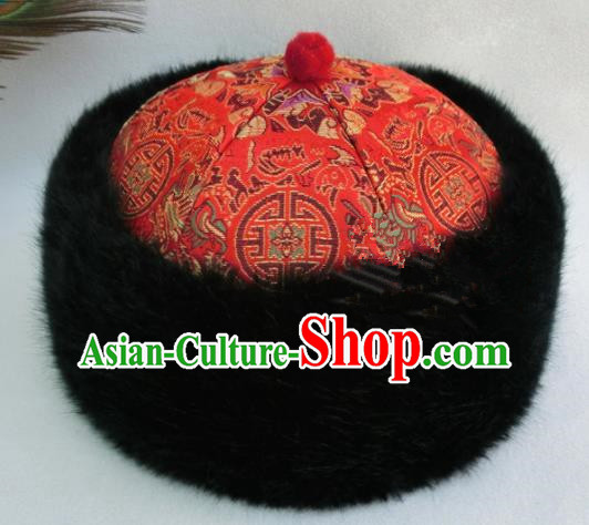 Chinese Ancient Drama Emperor Winter Red Hat Traditional Qing Dynasty Royal Highness Headwear for Men