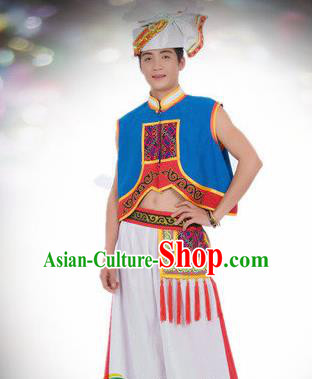 Traditional Chinese Yi Nationality Dance Blue Costume Ethnic Stage Show Clothing for Men