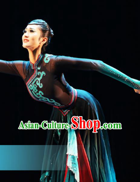 Traditional Chinese Mongol Nationality Dance Black Dress Ethnic Mongolian Stage Show Costume for Women