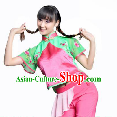 Traditional Chinese Yanko Dance Pink Costume Folk Dance Fan Dance Stage Show Dress for Women
