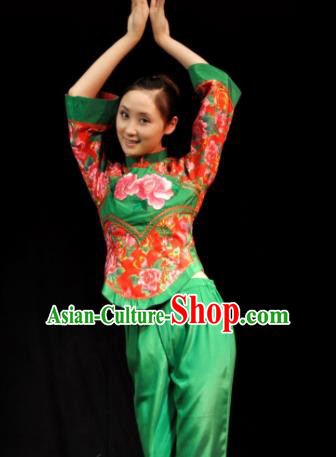 Traditional Chinese Yanko Dance Green Costume Folk Dance Fan Dance Stage Show Dress for Women