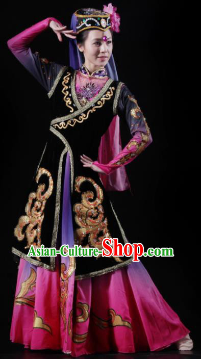 Traditional Chinese Uyghur Nationality Costume Uigurian Ethnic Dance Stage Show Dress for Women