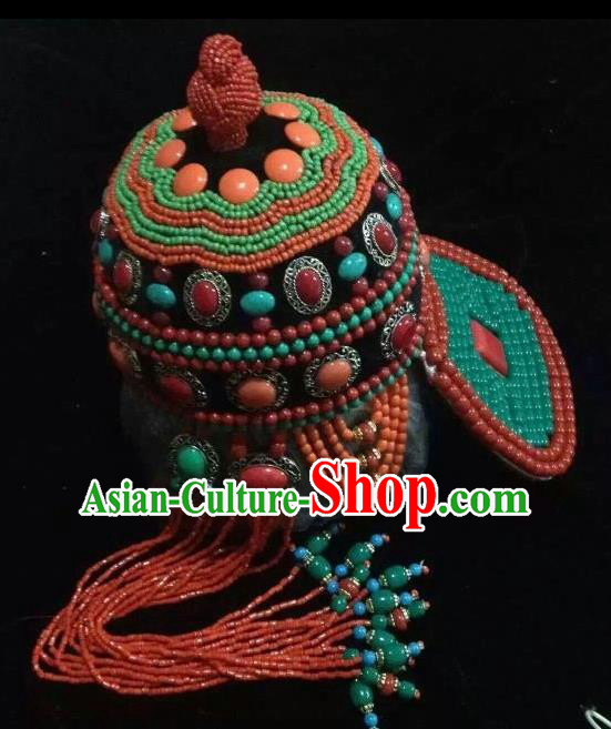 Traditional Chinese Mongol Nationality Hair Accessories Mongolian Ethnic Wedding Tassel Hat for Women