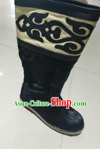 Chinese Traditional Mongol Nationality Black Fur Boots Mongolian Ethnic Leather Riding Boots for Men