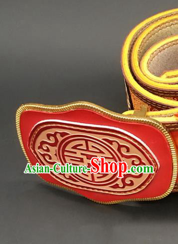 Traditional Chinese Mongol Nationality Red Leather Belt Mongolian Ethnic Waistband for Men