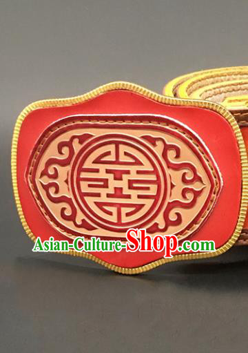 Traditional Chinese Mongol Nationality Red Leather Belt Mongolian Ethnic Waistband for Men