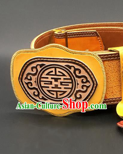 Traditional Chinese Mongol Nationality Yellow Leather Belt Mongolian Ethnic Waistband for Men