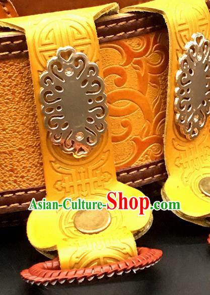Traditional Chinese Mongol Nationality Yellow Leather Belt Mongolian Ethnic Waistband for Men