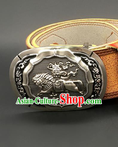 Traditional Chinese Mongol Nationality Orange Leather Belt Mongolian Ethnic Waistband for Men
