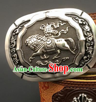 Traditional Chinese Mongol Nationality Orange Leather Belt Mongolian Ethnic Waistband for Men