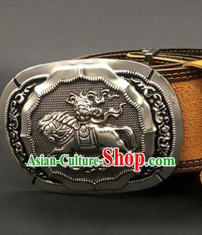 Traditional Chinese Mongol Nationality Yellow Leather Belt Mongolian Ethnic Cupronickel Waistband for Men