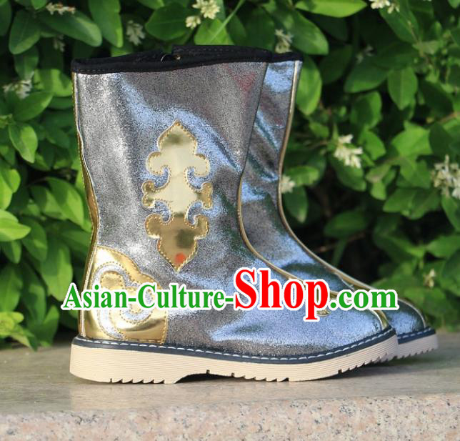 Chinese Traditional Mongol Nationality Grey Boots Mongolian Ethnic Leather Riding Boots for Kids