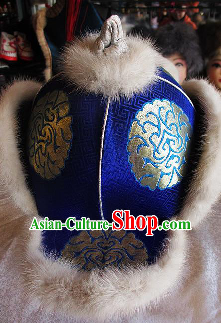 Traditional Chinese Mongol Nationality Winter Headwear Mongolian Ethnic Royalblue Marten Hat for Women
