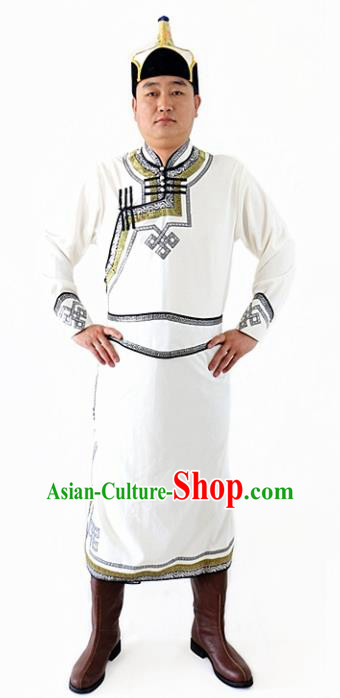 Chinese Traditional Mongol Nationality Costumes Ethnic Dance Stage Show White Mongolian Robe for Men
