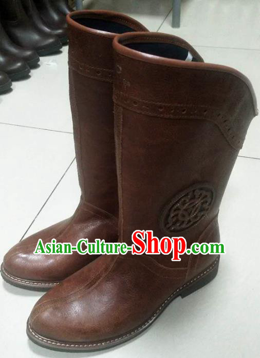 Chinese Traditional Mongol Nationality Reddish Brown Boots Mongolian Ethnic Leather Riding Boots for Men