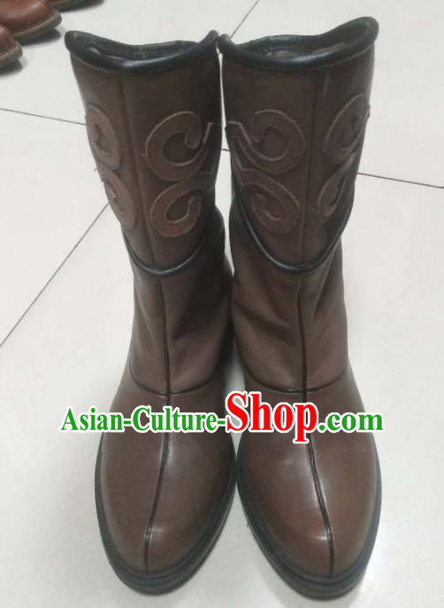 Chinese Traditional Mongol Nationality Brown Boots Mongolian Ethnic Stage Show Leather Riding Boots for Men