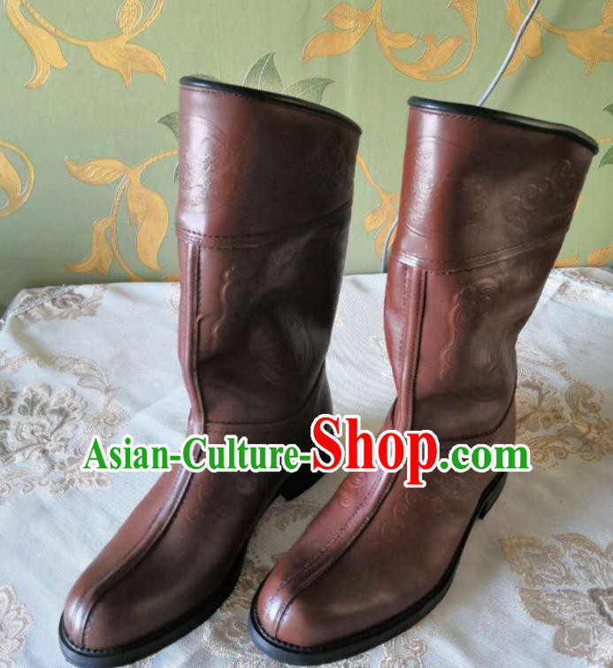 Chinese Traditional Mongol Nationality Orange Boots Mongolian Ethnic Stage Show Leather Riding Boots for Men