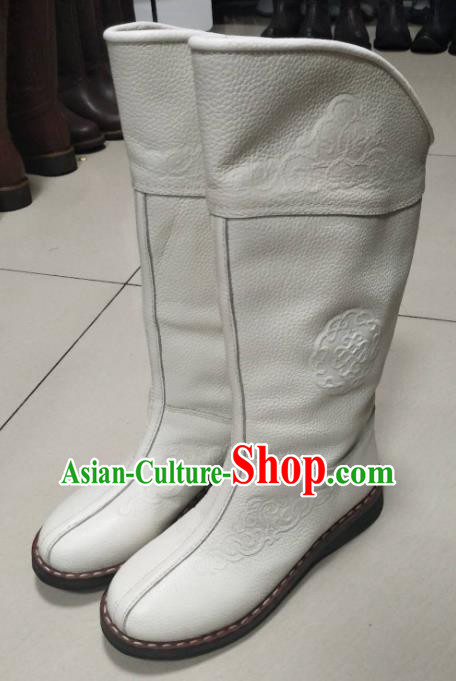 Chinese Traditional Mongol Nationality White Riding Boots Mongolian Ethnic Shoes Winter Leather Boots for Women