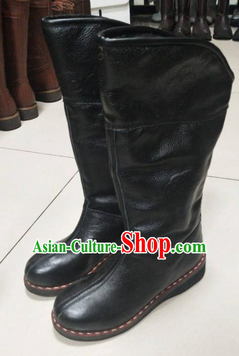 Chinese Traditional Mongol Nationality Black Riding Boots Mongolian Ethnic Shoes Winter Leather Boots for Women