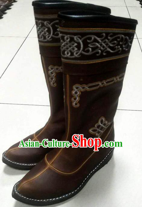 Chinese Traditional Mongol Nationality Brown Riding Boots Mongolian Ethnic Shoes Leather Boots for Women