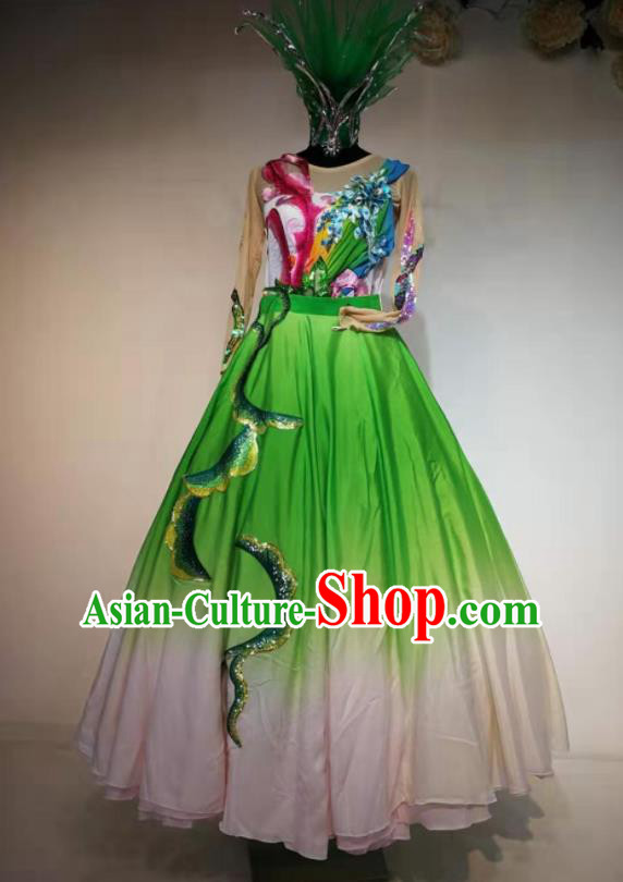 Traditional Chinese Spring Festival Gala Dance Green Veil Dress Opening Dance Stage Show Costume for Women